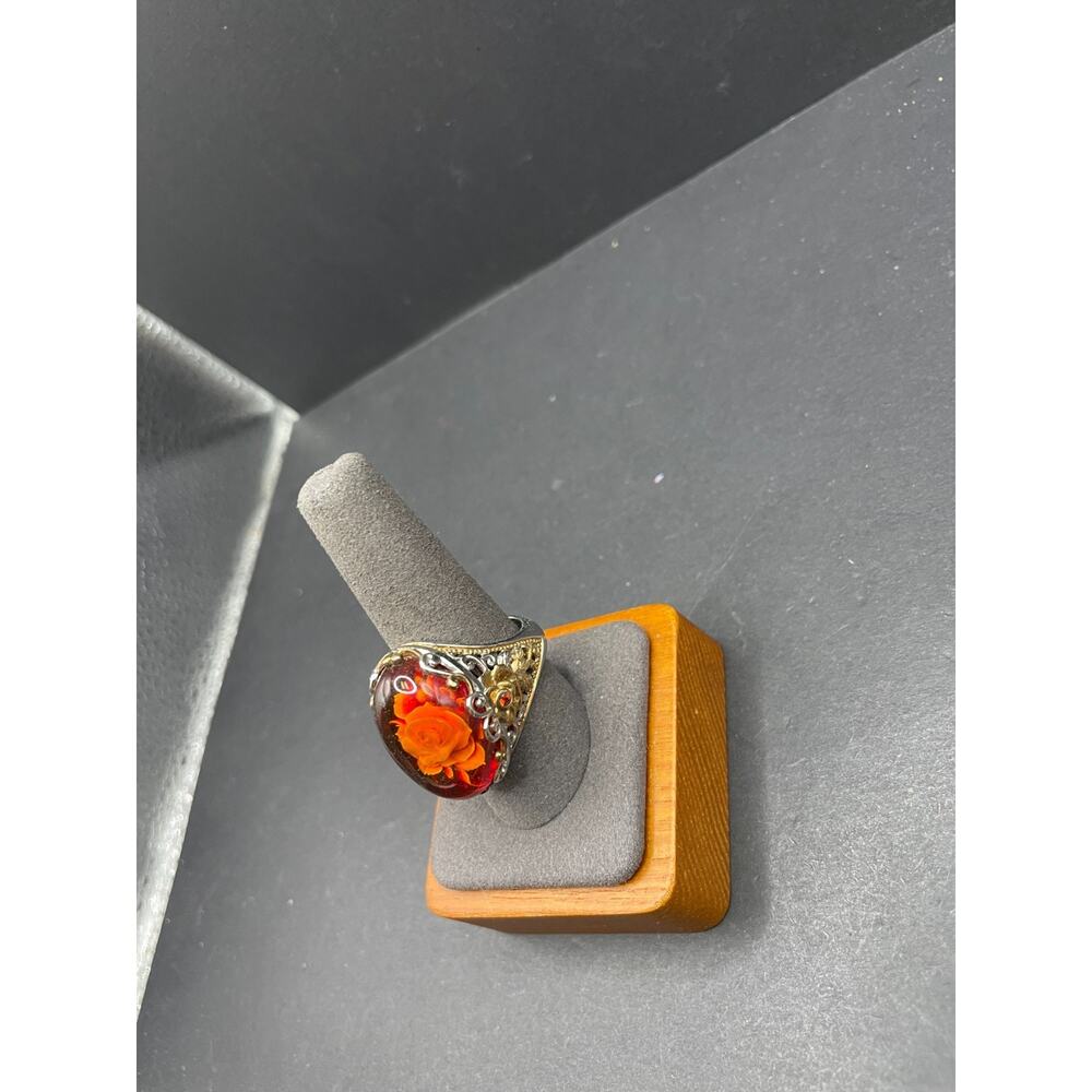 925 Sterling Silver Gold Tone Amber Carved Rose Ring Size 10 Intaglio Statement - Picture 2 of 6